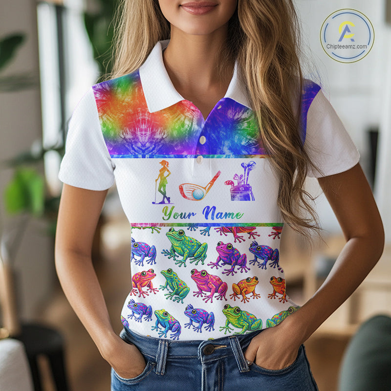 Funny Tie Dye Frog Pattern Womens Golf Polo Shirts Custom Watercolor Golf Attire For Ladie, Golf Gifts NHN0135