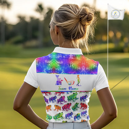 Funny Tie Dye Frog Pattern Womens Golf Polo Shirts Custom Watercolor Golf Attire For Ladie, Golf Gifts NHN0135