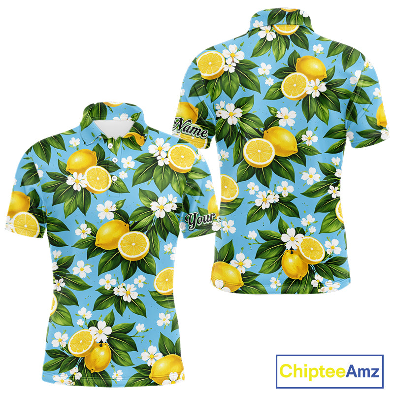 Funny Mens Golf Polo Shirts Custom Blue Lemon Tree Pattern Golf Top For Men, Golf Gifts NHN0142