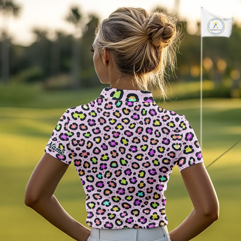 Womens Golf Polo Shirts Custom Colorful Neon Rainbow Leopard Team Golf Shirt Gifts For Golf Lovers NHN0154