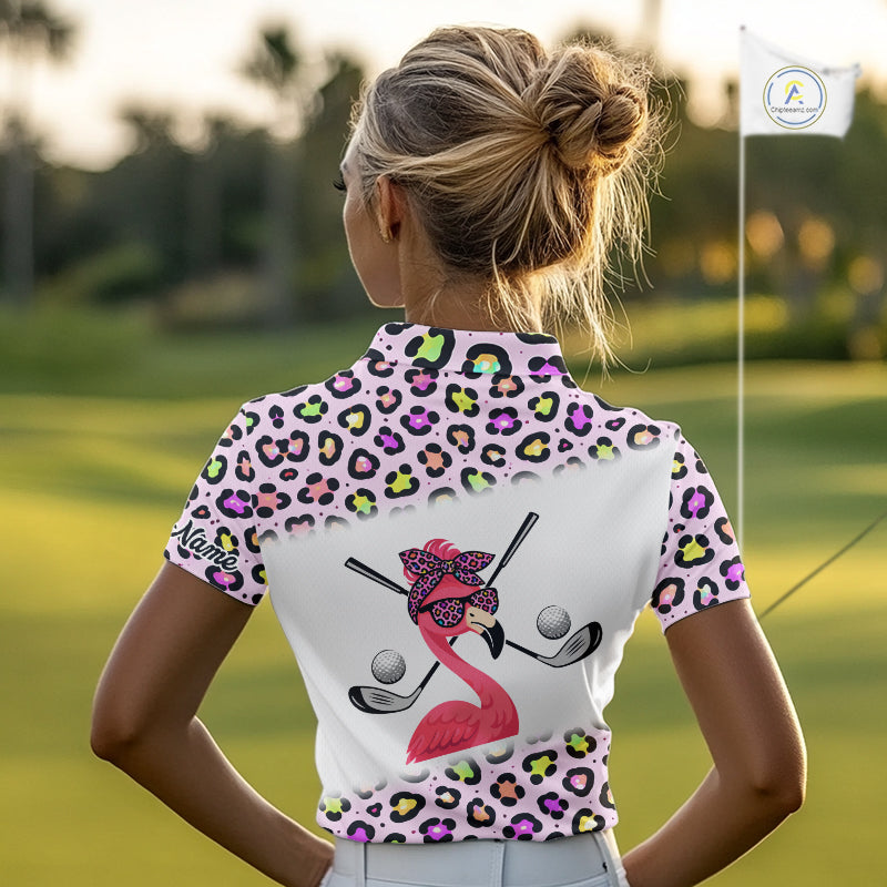 Funny Flamingo Womens Golf Polo Shirt Custom Colorful Neon Rainbow Leopard Pattern Team Golf Polo Gift NHN0155