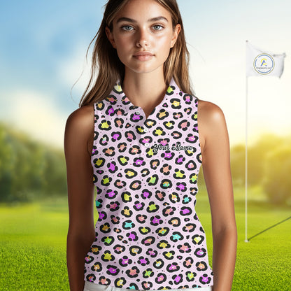 Funny Flamingo Womens Sleeveless Golf Polo Shirt Custom Colorful Neon Rainbow Leopard Team Golf Polo NHN0155