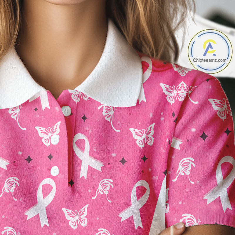 Pink Ribbon Womens Golf Polo Shirt Custom Butterfly Pattern Breast Cancer Awareness Ladies Golf Tops NHN0175