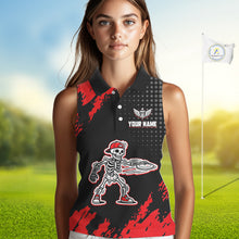 Load image into Gallery viewer, Skull Womens Sleeveless Disc Golf Polo Shirt Custom Name Black And Red Disc Golf Basket Golf Shirts NHN0049