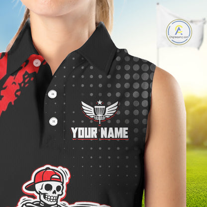 Skull Womens Sleeveless Disc Golf Polo Shirt Custom Name Black And Red Disc Golf Basket Golf Shirts NHN0049