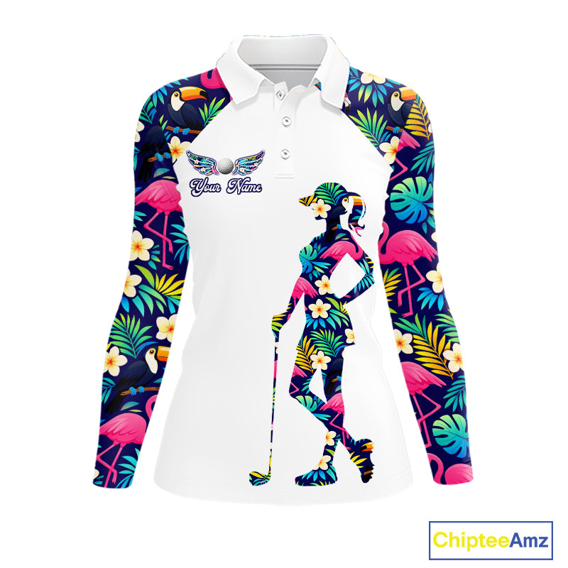 Womens Long Sleeve Golf Polo Shirt Custom Tropical Pattern, Flamingo Golf Shirts For Ladies NHN0099
