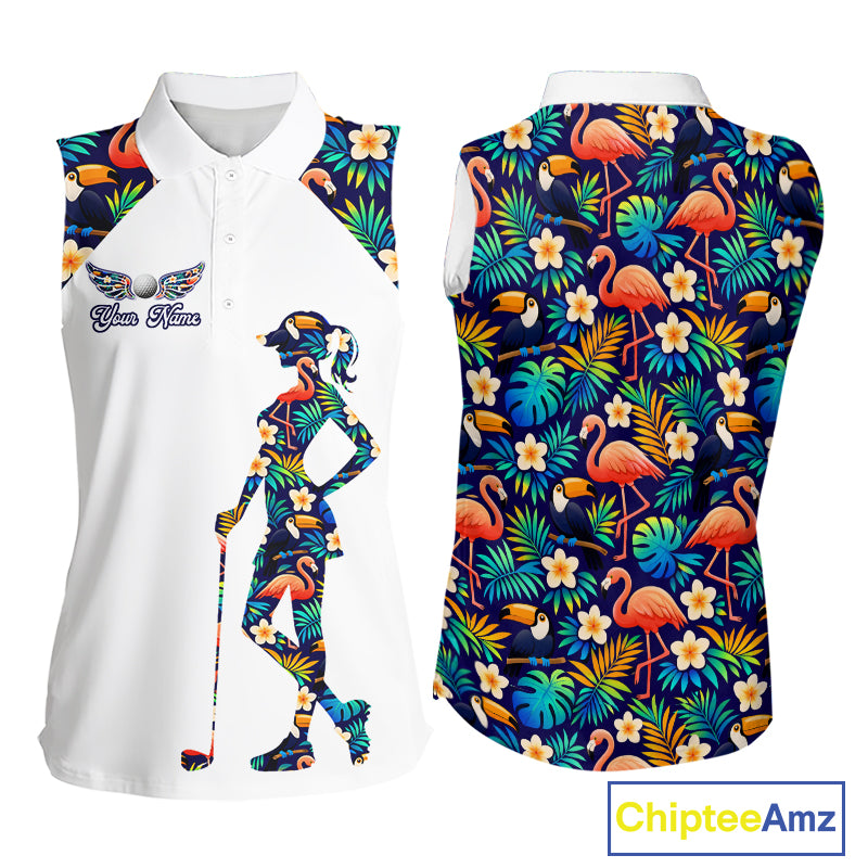 Funny Womens Sleeveless Golf Polo Shirt Custom Toucan Tropical Pattern, Flamingo Golf Shirts For LadiesNHN0099