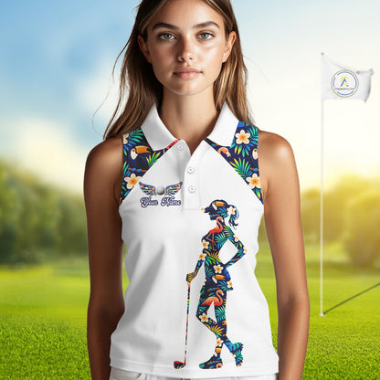 Funny Womens Sleeveless Golf Polo Shirt Custom Toucan Tropical Pattern, Flamingo Golf Shirts For LadiesNHN0099