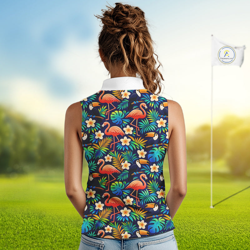 Funny Womens Sleeveless Golf Polo Shirt Custom Toucan Tropical Pattern, Flamingo Golf Shirts For LadiesNHN0099