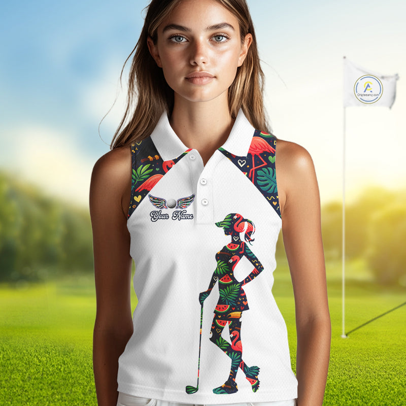 Funny Womens Sleeveless Golf Polo Shirt Custom Tropical Summer Pattern, Flamingo Golf Shirts For Ladies NHN0099