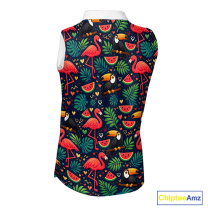 Funny Womens Sleeveless Golf Polo Shirt Custom Tropical Summer Pattern, Flamingo Golf Shirts For Ladies NHN0099