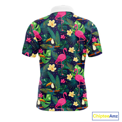 Funny Mens Golf Polo Shirt Custom Floral Tropical Leaf Pattern Flamingo Golf Shirt For Men NHN0099