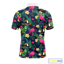 Load image into Gallery viewer, Funny Mens Golf Polo Shirt Custom Floral Tropical Leaf Pattern Flamingo Golf Shirt For Men NHN0099
