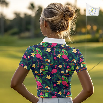 Funny Womens Golf Polo Shirt Custom Floral Tropical Pattern Flamingo Golf Shirts For Ladies NHN0099
