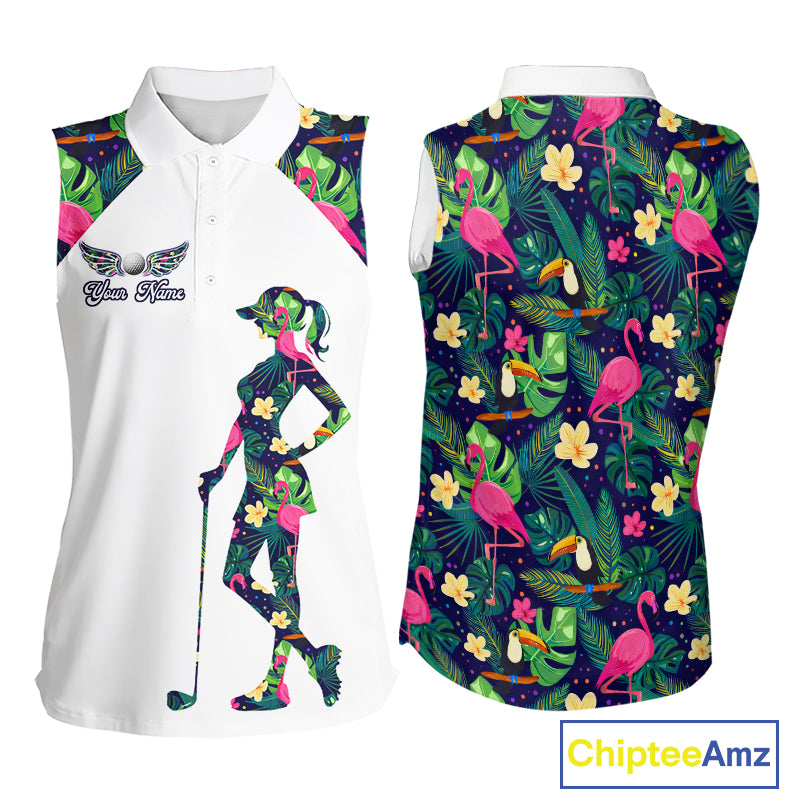 Funny Womens Sleeveless Golf Polo Shirt Custom Tropical Pattern, Flamingo Golf Shirt For Ladies NHN0099