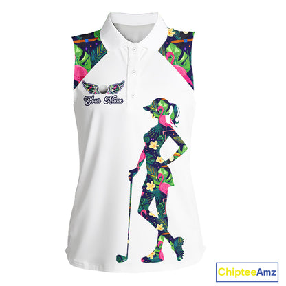 Funny Womens Sleeveless Golf Polo Shirt Custom Tropical Pattern, Flamingo Golf Shirt For Ladies NHN0099