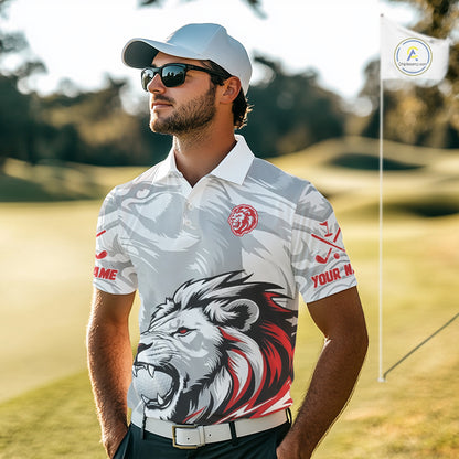 Lion Mens Golf Polo Shirt Red And White Lion King Sketching Polo Shirt Best Golf Shirt For Men NHN0055
