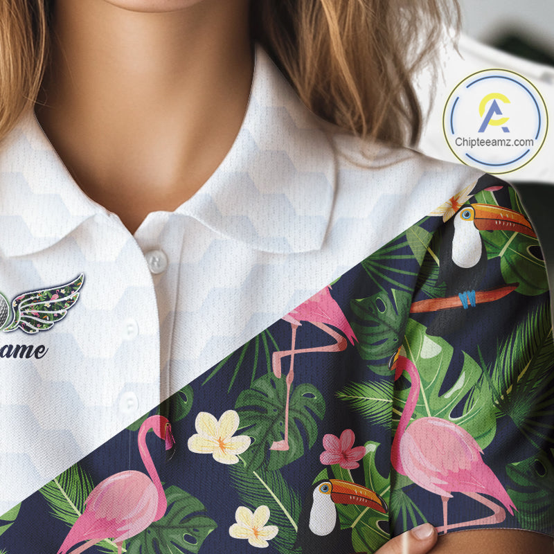 Womens Golf Polo Shirt Custom Toucan Tropical Pattern, Flamingo Golf Shirts For Ladies NHN0192
