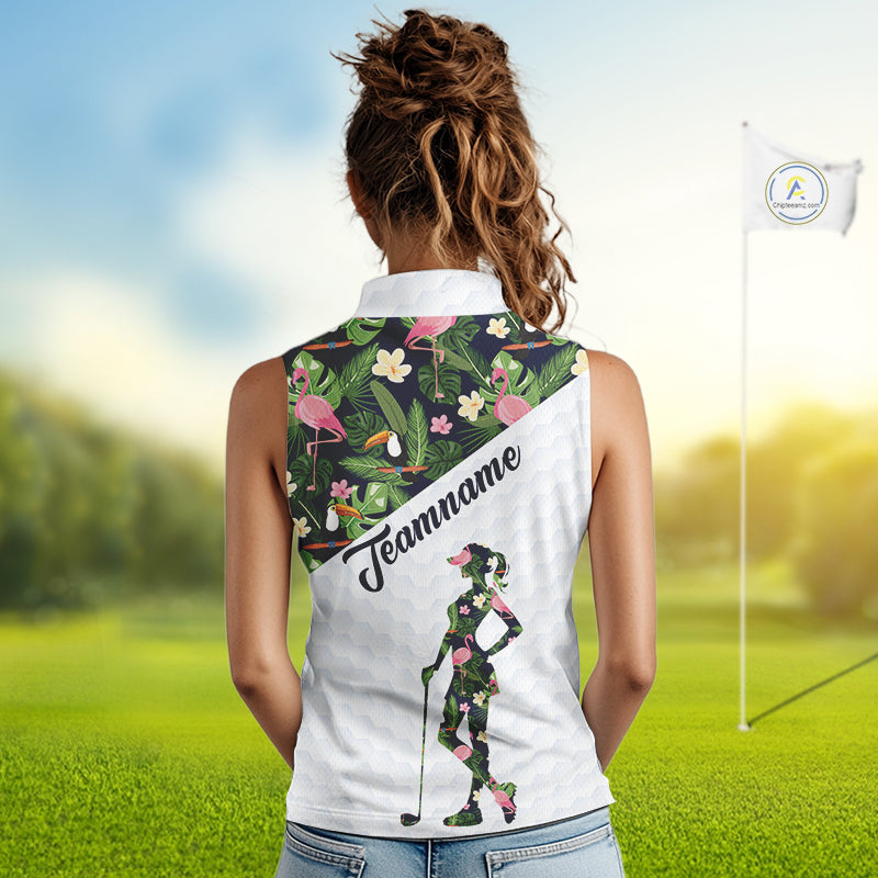 Womens Sleeveless Golf Polo Shirt Custom Tropical Pattern, Flamingo Golf Shirts For Ladies NHN0192
