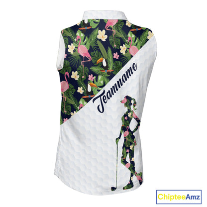Womens Sleeveless Golf Polo Shirt Custom Tropical Pattern, Flamingo Golf Shirts For Ladies NHN0192