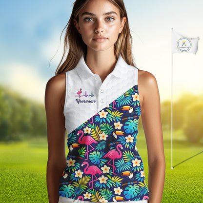 Funny Womens Sleeveless Golf Polo Shirt Custom Toucan Tropical Pattern, Flamingo Golf Shirt For Ladies NHN0192