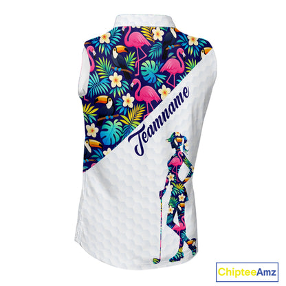 Funny Womens Sleeveless Golf Polo Shirt Custom Toucan Tropical Pattern, Flamingo Golf Shirt For Ladies NHN0192
