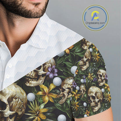 Funny Mens Golf Polo Shirts Custom Green Tropical Leaf Pattern Personalized Skull Golf Shirts For Men NHN0071