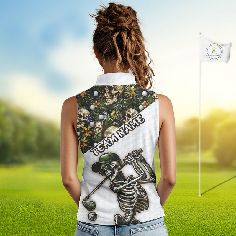 Funny Womens Sleeveless Golf Polo Shirts Custom Green Tropical Pattern Personalized Skull Golf Shirts NHN0071