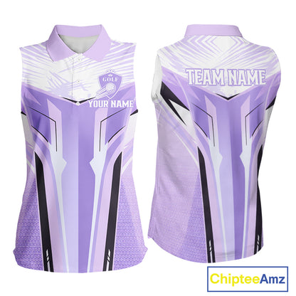 Womens Sleeveless Golf Polo Shirt Purple Geometric Pattern Custom Team Ladies Golf Tops, Golf Gifts NHN0199