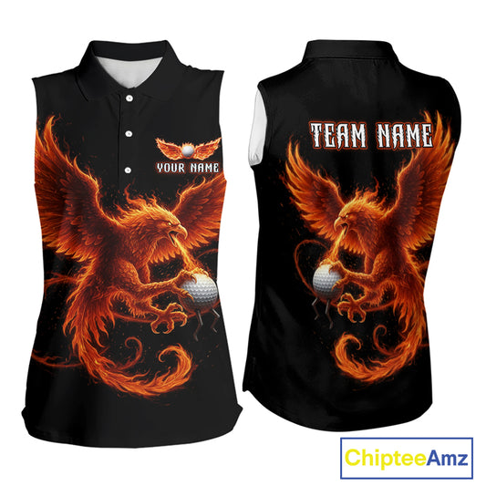 Womens Sleeveless Golf Polo Shirt Custom Phoenix Red Flame Team Golf Tops, White Golf Outfit For Ladies NHN0078