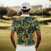 Load image into Gallery viewer, Mens Golf Polo Shirt Custom Colorful Parrots And Floral Tropical Pattern Team Golf Shirts, Golf Gifts NHN0093