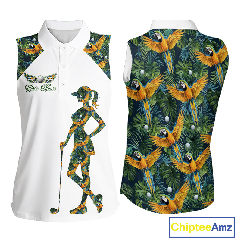 Womens Sleeveless Golf Polo Shirt Custom Colorful Parrots And Floral Tropical Pattern Team Golf Shirts NHN0093