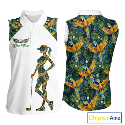 Womens Sleeveless Golf Polo Shirt Custom Colorful Parrots And Floral Tropical Pattern Team Golf Shirts NHN0093