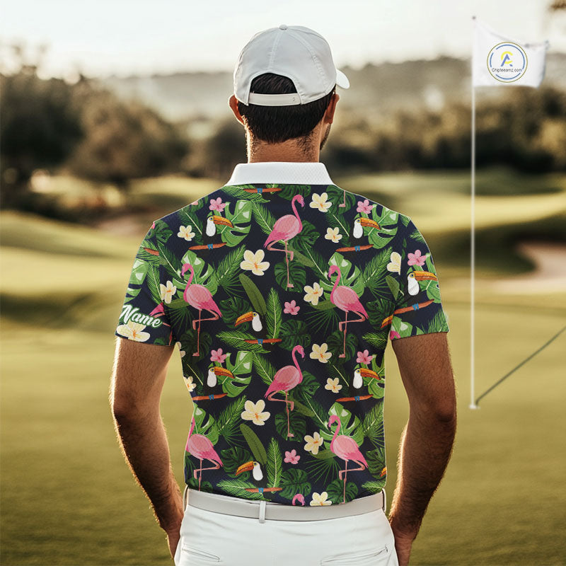 Funny Mens Golf Polo Shirt Custom Tropical Leaf Pattern Personalized Flamingo Golf Shirts For Men NHN0099