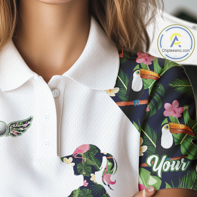 Funny Womens Golf Polo Shirt Custom Tropical Pattern, Flamingo Golf Shirts For Ladies NHN0099
