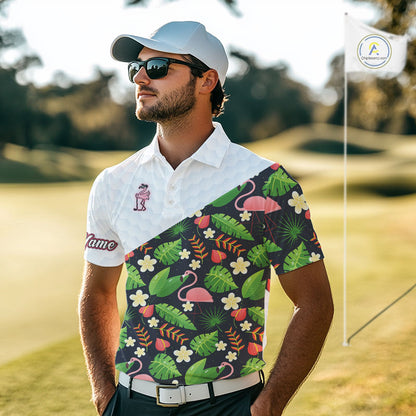 Funny Flamingo Mens Golf Polo Shirt Custom Colorful Floral Flamingo Pattern, Tropical Team Golf Polo NHN0106