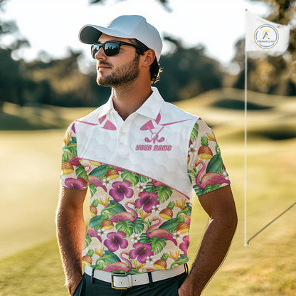 Funny Flamingo Mens Golf Polo Shirt Floral Tropical Custom Pink Golf Shirts Golfer Gift Apparel NHN0107