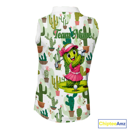 Funny Cactus Flower Womens Sleeveless Golf Polo Shirt Custom Name Golf Tops, Cactus Golf Shirt NHN0237