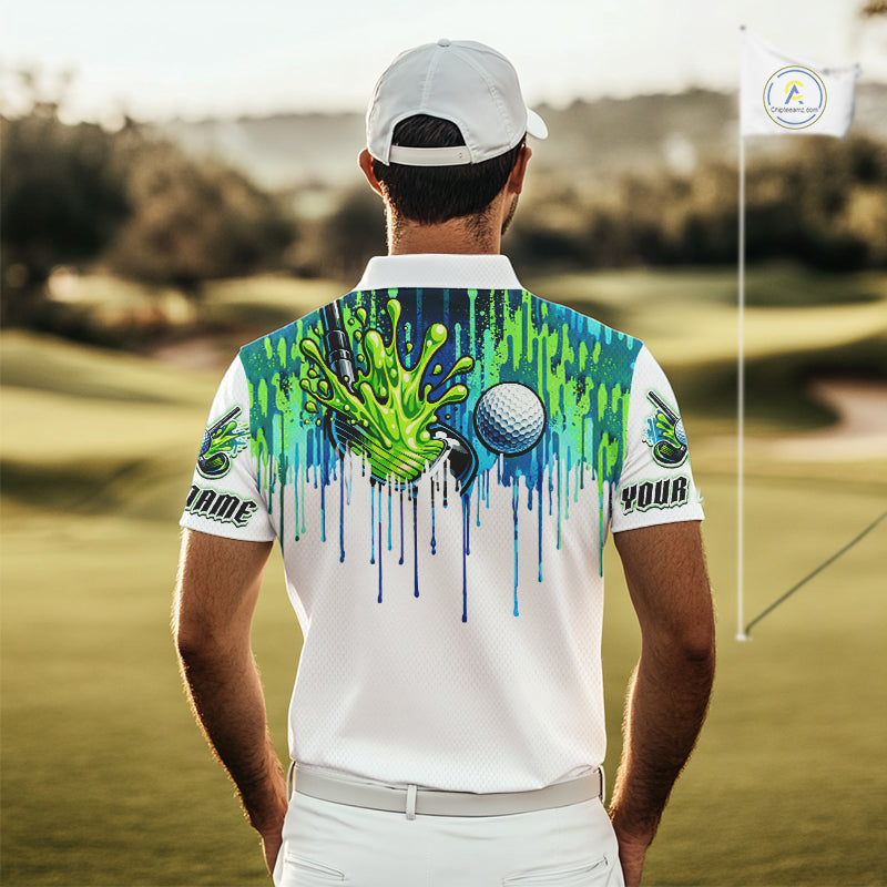 Watercolor Mens Golf Polo Shirt Custom Green Golf Ball Pattern Golf Tops For Men, Golf Lovers Gifts NHN0113