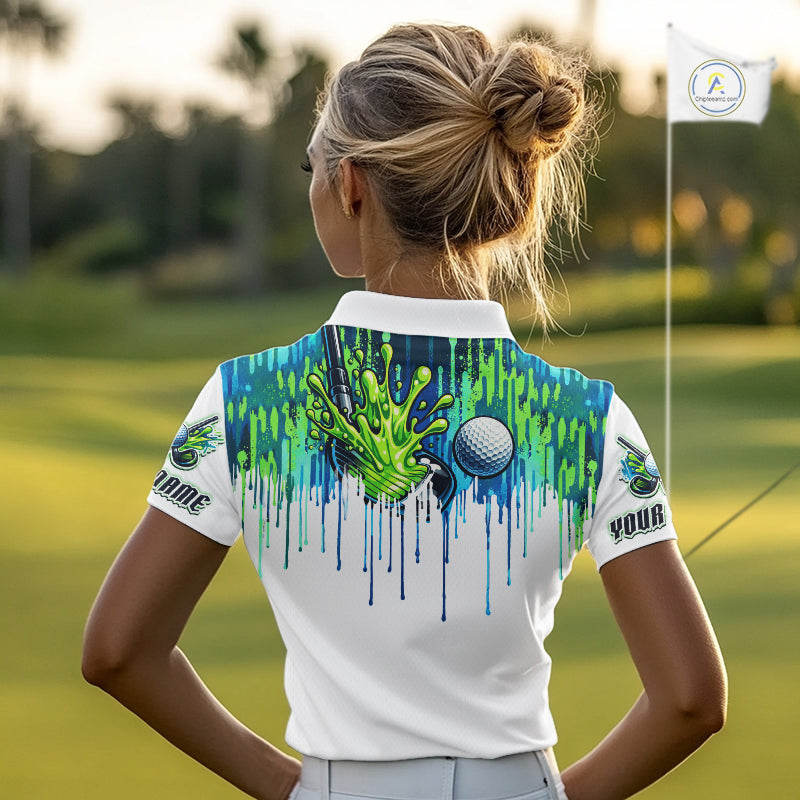 Watercolor Womens Golf Polo Shirt Custom Green Golf Ball Pattern Golf Tops For Ladies, Golf Gifts NHN0113