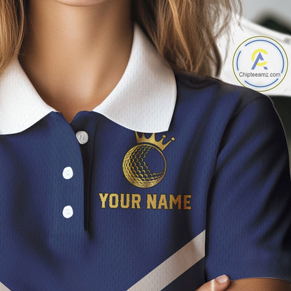 Blue And White Womens Golf Polo Shirt Custom Gold Golfer Swing & Golf Ball Team Polo, Golf Gifts NHN0115