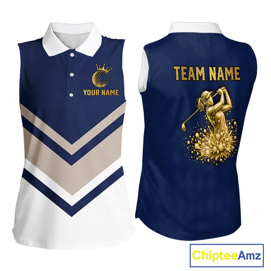 Blue And White Womens Sleeveless Golf Polo Shirt Custom Gold Golfer Swing & Golf Ball Team Golf Polo NHN0115