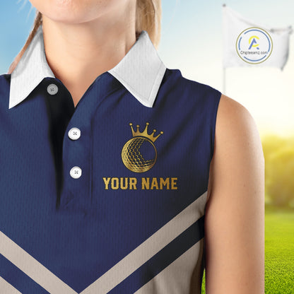 Blue And White Womens Sleeveless Golf Polo Shirt Custom Gold Golfer Swing & Golf Ball Team Golf Polo NHN0115