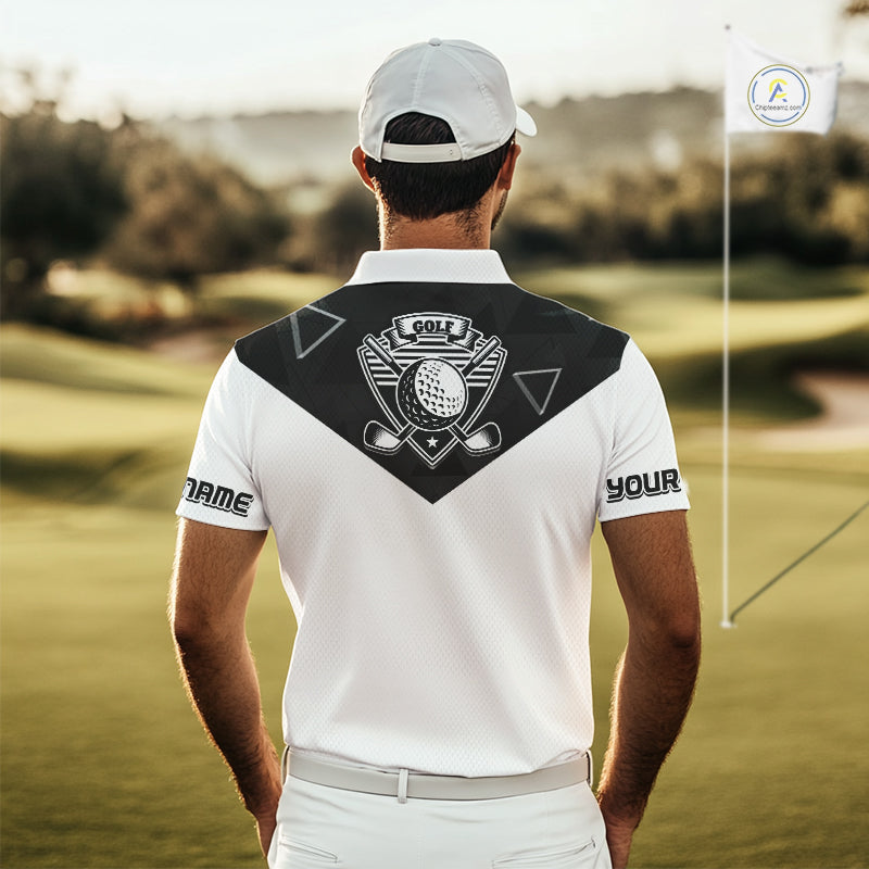 Mens Golf Polo Shirt Black Geometric Triangle Pattern Custom Name White Golf Tops For Men NHN0122