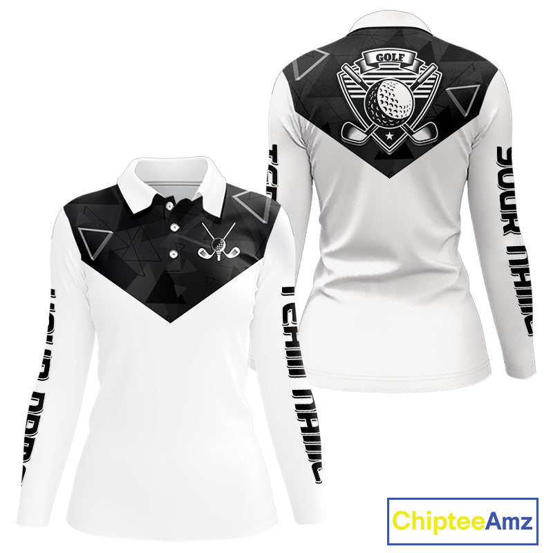 Womens Long Sleeve Golf Polo Shirt Black Geometric Triangle Pattern Custom Name White Golf Tops NHN0122