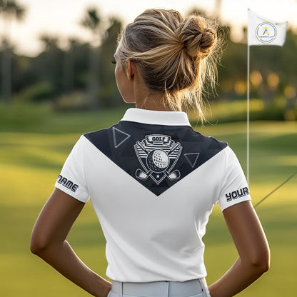 Womens Golf Polo Shirt Black Geometric Triangle Pattern Custom Name White Golf Tops For Ladies NHN0122