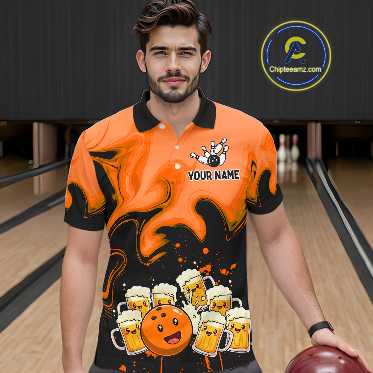 Funny Beer Bowling Shirts Orange for Women Men Bowling Polo&1/4 Zip Bowling League MBL252