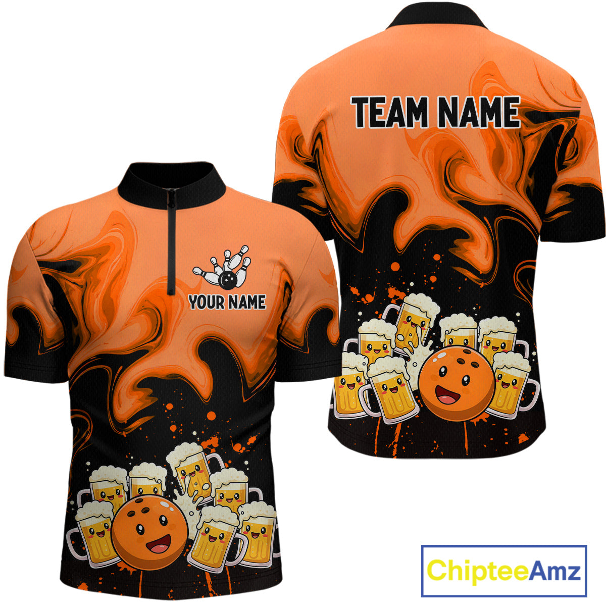 Funny Beer Bowling Shirts Orange for Women Men Bowling Polo&1/4 Zip Bowling League MBL252