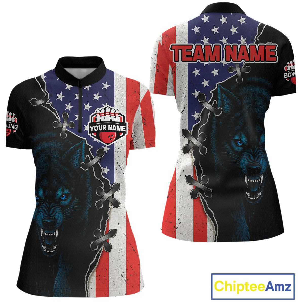 Patriotic Wolf Bowling Shirts for Team Men Women Wolf Bowling Jerseys American Flag MBL203