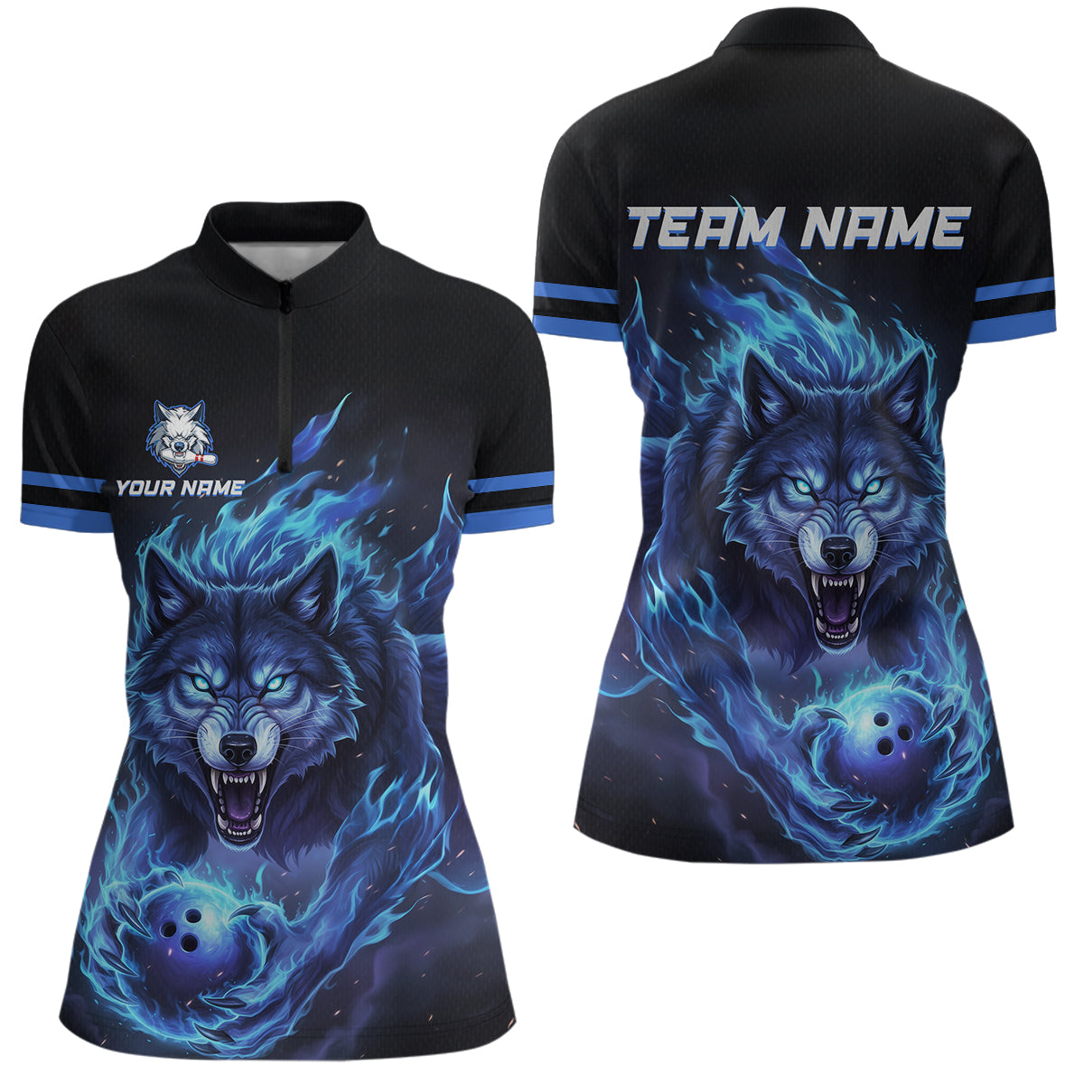 Custom Wolf Flaming Bowling Shirts for Team Women Men Bowling Polo&1/4 Zip Shirt MBL234